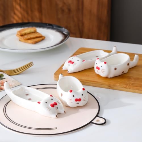 (2 Pieces) Ceramic Cat Dipping Saucer Set - Cute Cartoon Style, Food-Grade, Dishwasher Safe - B