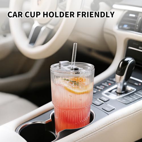 20oz Ribbed Glass Cups with Lids and Straws, 4-Pack Iced Coffee Tumblers