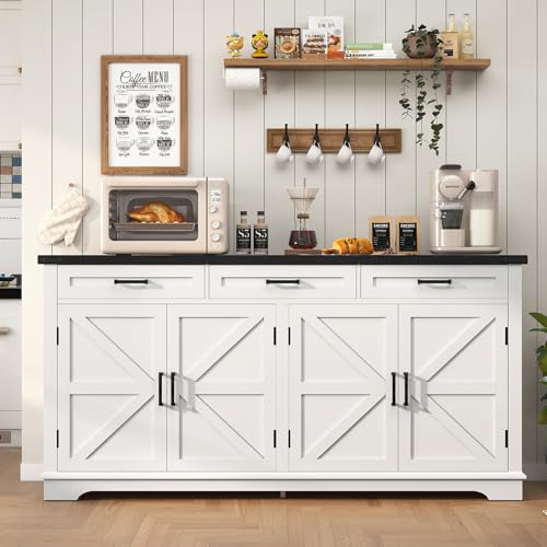 Large Farmhouse Sideboard Buffet Cabinet with 4 Doors and 3 Drawers, White