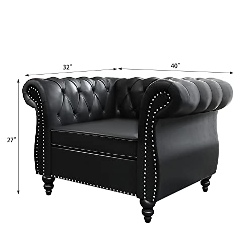 2-Piece Chesterfield Leather Sofa and Chair Set with Nailhead Trim