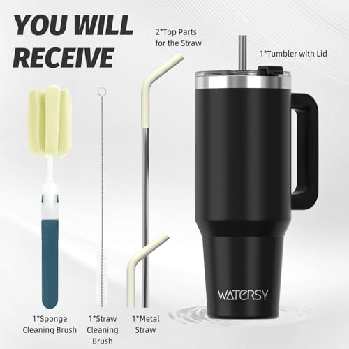 40 oz Insulated Stainless Steel Tumbler with Handle, Lid, and Straw - Black