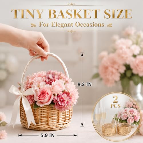 2-Pack Handmade Wicker Flower Girl Baskets with Ribbon and Handles