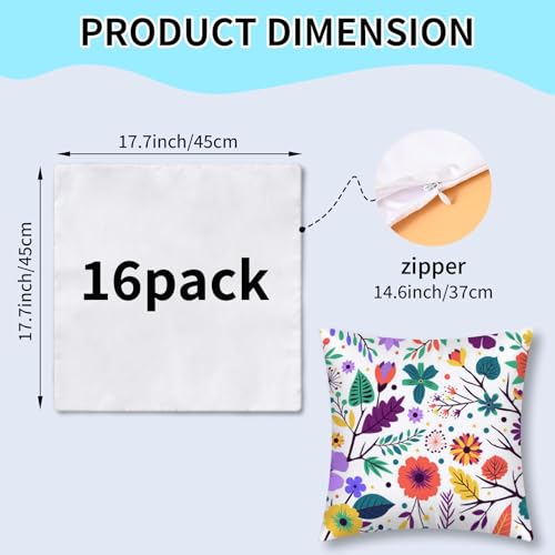 OLSUNOR 16-Pack 17.7 x 17.7 in Sublimation Pillowcases White, 45x45 cm – Double-Sided Printing, Invisible Zipper
