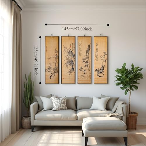 4-Panel Japanese Ink Wall Art Scroll - Shikunshi Four Seasons Zen Decor