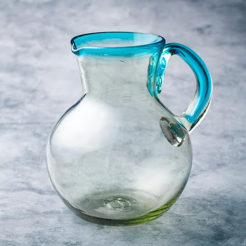 Handblown Mexican Glass Pitcher with Aqua Rim - Eco-Friendly Recycled Cola Bottle