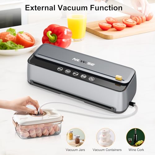 Newise 85KPa Vacuum Sealer for Food - Silver, 5 Modes, Built-in Cutter