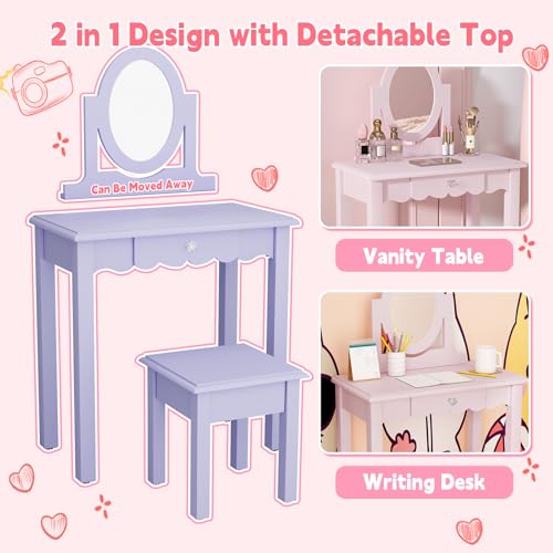 Kids Vanity Set with Mirror, Stool, and Drawer - Purple Wooden Makeup Desk