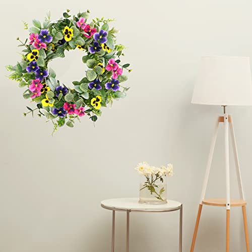20-Inch Artificial Pansy Wreath with Lambs Ear and Eucalyptus for Front Door