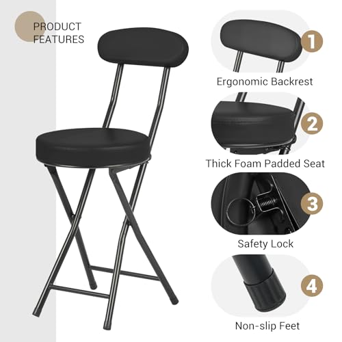 Padded Folding Stool with Backrest, 19-Inch Portable Collapsible Chair, 2 Pack