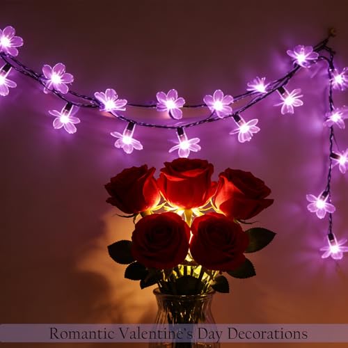 33ft Purple Flower String Lights with Black Wire, 100 LED, IP44 Outdoor Decor