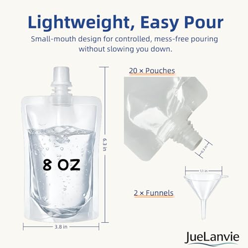 20 Pcs 8oz Collapsible Plastic Drink Pouches - Leak-Proof Travel Flasks, Small Mouth, JueLanvie