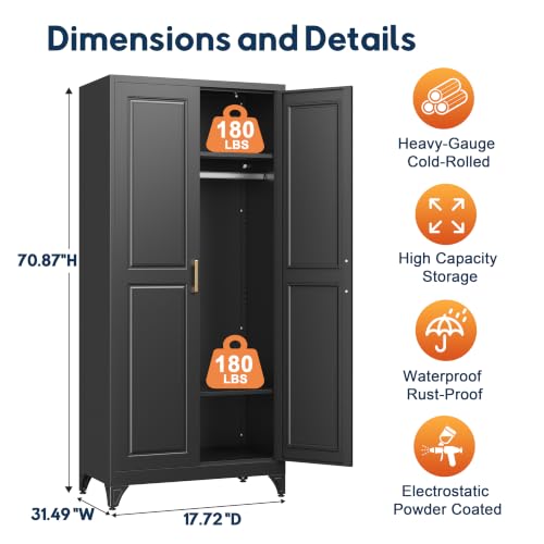 71-Inch Metal Wardrobe Closet with Hanging Rod and Adjustable Shelves