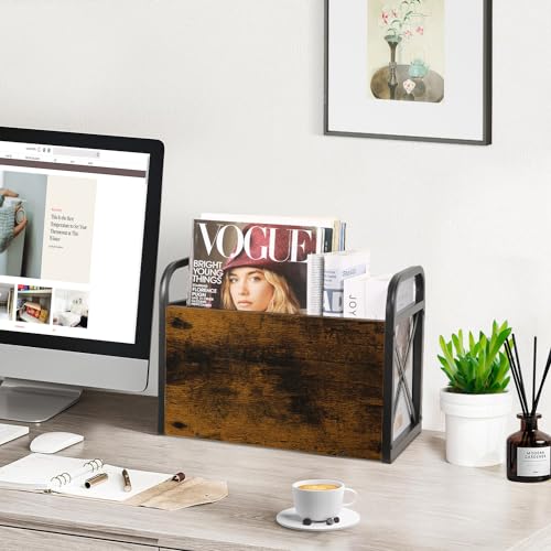 Rustic Metal and Wood Magazine Holder Floor Rack for Books and Newspapers