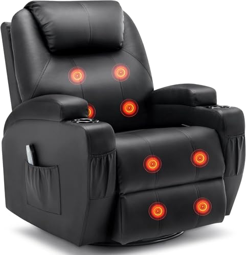 Swivel Rocking Recliner Chair with Massage, Heat, and Cup Holder