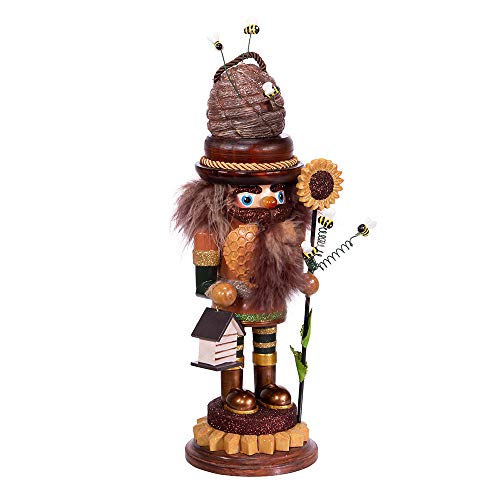 15-Inch Wooden Beekeeper Nutcracker Figurine with Beehive & Sunflowers