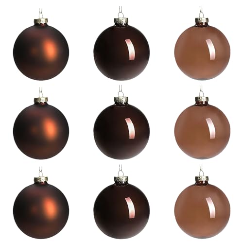 9-Piece Brown Glass Christmas Ornament Set, 3.15-Inch Hanging Baubles