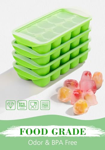 Stackable Silicone Ice Cube Trays with Lid and Bin (4 Pack) with Scoop