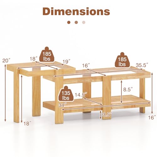 2-Piece Nesting Coffee Table Set with Rattan Accents and Glass Top