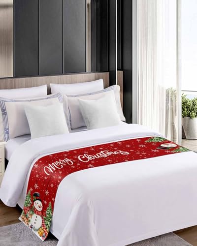 Red Christmas Snowman Bed Runner for Full/Queen Size Bed (83x20 Inches)