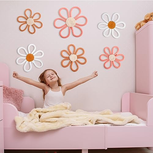 6-Piece Boho Daisy Flower Wall Decor, Woven Macrame Nursery Wall Art
