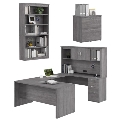 Modular U or L Shaped Executive Desk with Hutch, File Cabinet, and Shelves