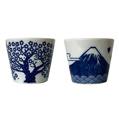 Japanese Sake Cups Set of 2 - Sakura & Mt. Fuji Indigo Pottery, 3.9 fl oz, Cold & Hot Drinkware, Gift Box
