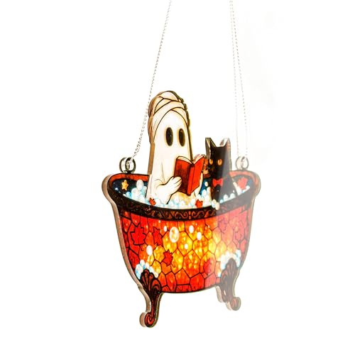 Gothic Bat Suncatcher Ghost Cat 2 - Purple Crescent Moon Window Hanging Halloween Decor