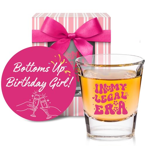 LOVEVOYAGE Pink 21st Birthday Shot Glass - In My Legal Era Gift for Daughter, Sister, Friend, 2oz, Gift Box Included