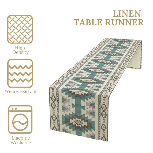 KANEPE Aztec Table Runner 13x36in Blue/White Navajo Tribal Decor for Indoor Outdoor Dining