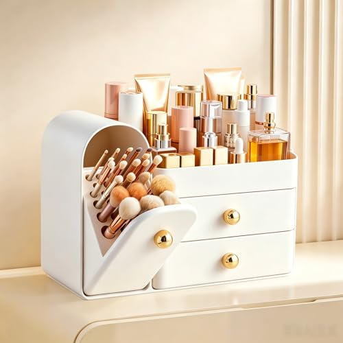 HBlife All White Large Makeup Organizer with Drawers & Brush Holder - Vanity Storage