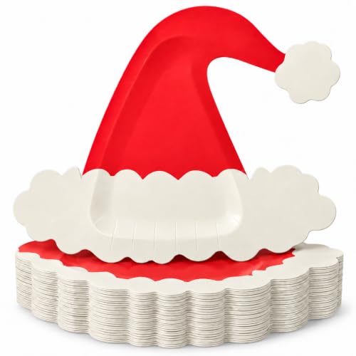 50PCS Christmas Santa Hat Paper Plates - Red Holiday Disposable Tableware