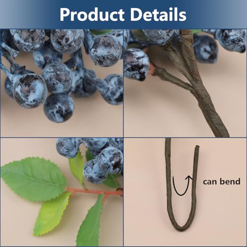 10-Inch Artificial Blueberries with Stems - 3 Pcs for Floral Arrangements