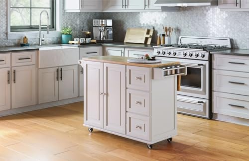 Mobile Kitchen Island Cart with Wood Drop Leaf & Storage Drawers, Off-White