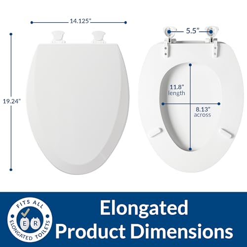 Elongated Enameled Wood Toilet Seat with Easy Clean Hinges, White