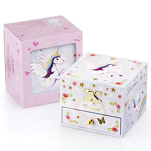 Musical Jewelry Box for Girls with Unicorn and Drawer, Purple