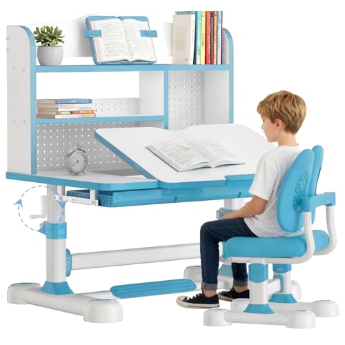 Adjustable Kids Study Desk and Chair Set with Tilt Desktop and Storage