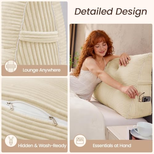 Queen Headboard Pillow with Side Pockets - Ergonomic Wedge Support