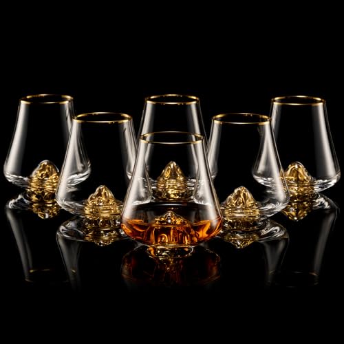 DUJUST Classic Whiskey Glass Set of 6 with 24K Gold Mountain, 8oz Crystal Old Fashioned Glasses for Bourbon & Cognac