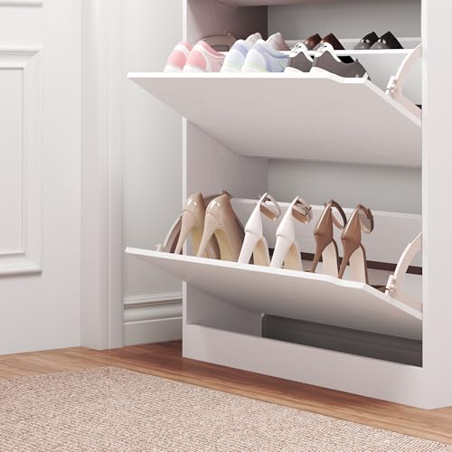 Freestanding Wood Shoe Cabinet with 3 Flip Drawers - White Entryway Storage