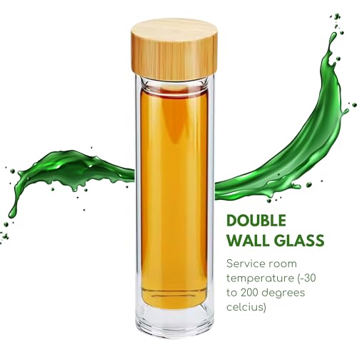15oz Double Wall Glass Water Bottle with Bamboo Lid & Tea Infuser - Insulated, Leak-Proof Travel Mug