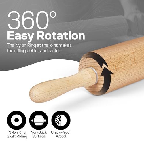 Beech Wood Rolling Pin with Handles - 17.6 Inch Dough Roller for Baking