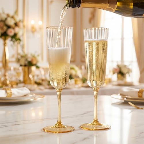 Jingmore 48 Pcs Gold Plastic Ribbed Champagne Flutes 6.4 oz for Parties