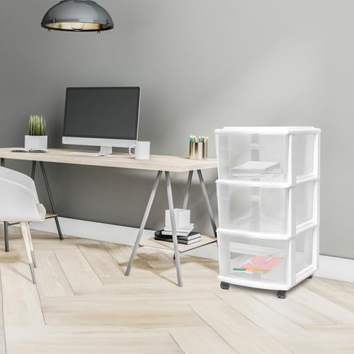 3-Tier Rolling Storage Cart with Clear Plastic Drawers, White Organizer