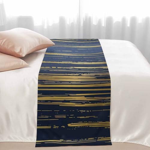 Navy Blue & Gold Line Satin Bed Runner - Modern Bed Scarf for Queen Bed