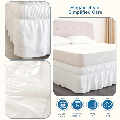 Queen Wrap-Around Bed Skirt with Elastic Strap - 16 Inch Drop Ruffle White