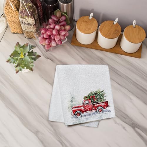 Qabliqo Red Truck Christmas Kitchen Hand Towels 16x24 Inches Winter Holiday Decor