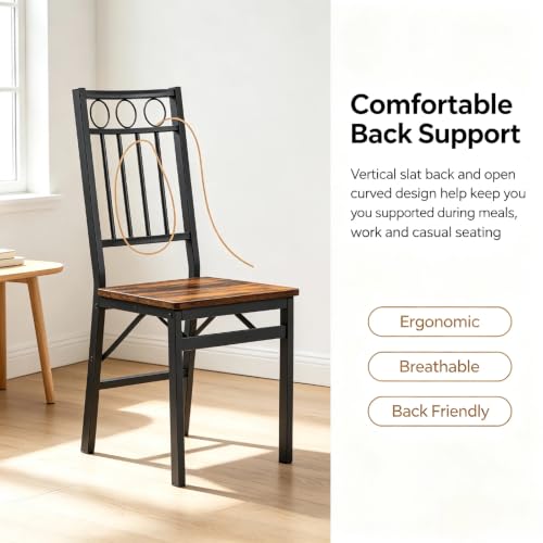 Set of 2 Industrial Folding Dining Chairs with Rustic Wood Seat