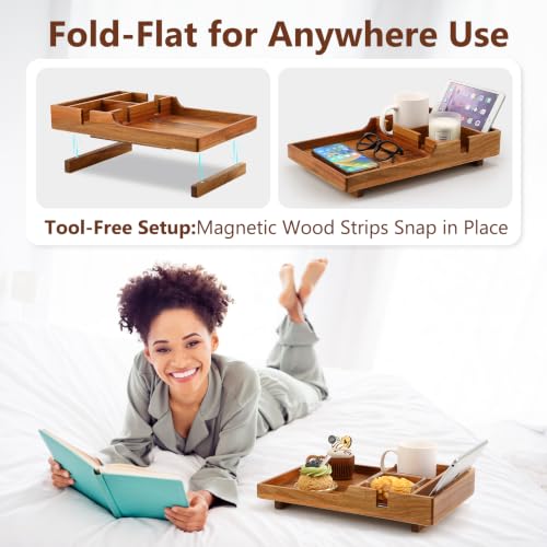 Solid Acacia Wood Couch Insert Tray with 2 Cup Holders for Sectionals