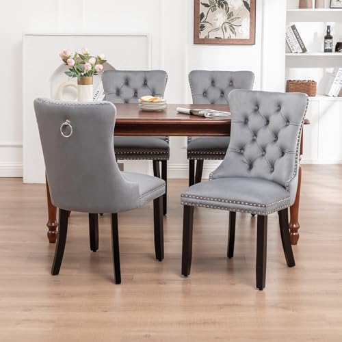 Velvet Upholstered Dining Chairs with Button Back, Set of 4, Grey