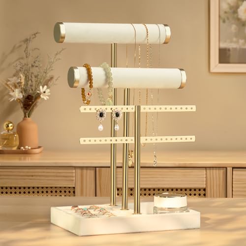 Beige Velvet Jewelry Organizer Stand with Multi-Tier Display Tray